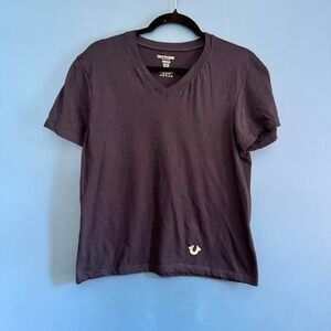 True‎ Religion V-Neck Tee Women's Size Medium Navy Blue Silver T Shirt Y2K 2000s